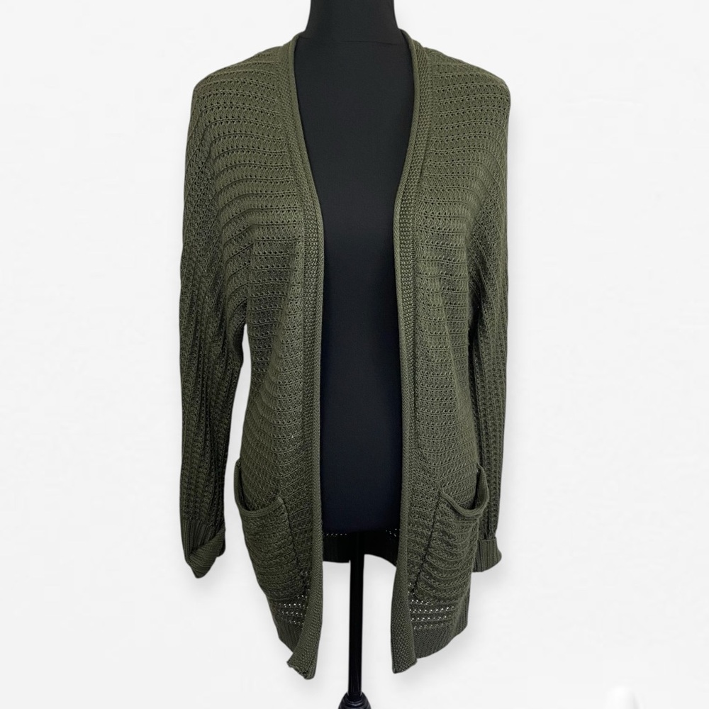 Pinque Olive Forest Green Women's Open-Front cotton cable knit Sweater Cardigan
